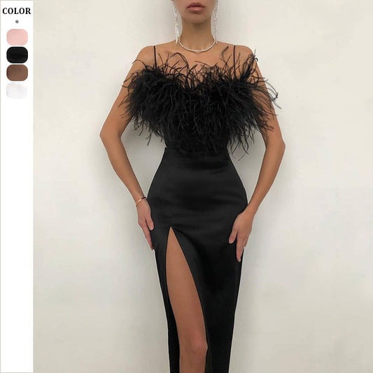 Dame Elegant aftenkjole med fjerdetaljer og figursyet snit Stilla