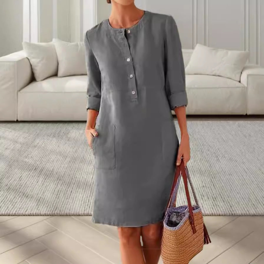 Dame afslappet linnedragt med knaplukning og praktiske lommer Stilla