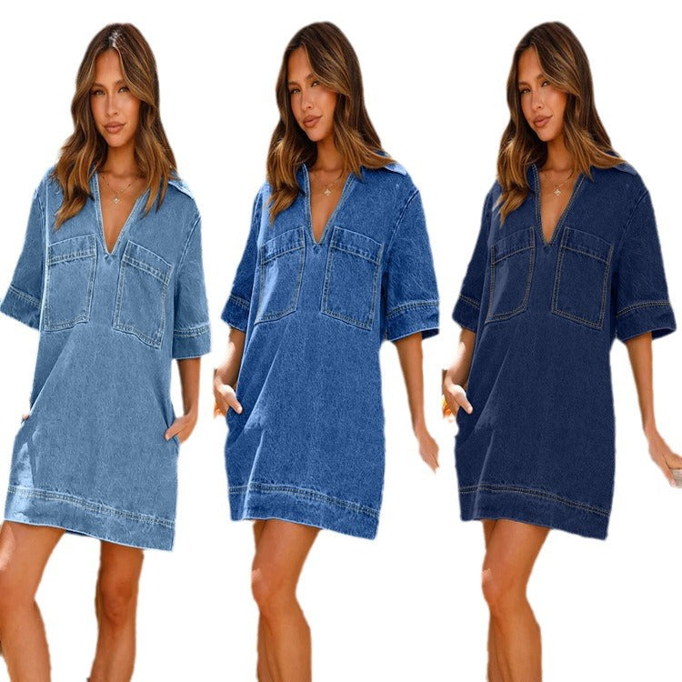 Dame denim skjortekjole med afslappet pasform og praktiske lommer Stilla