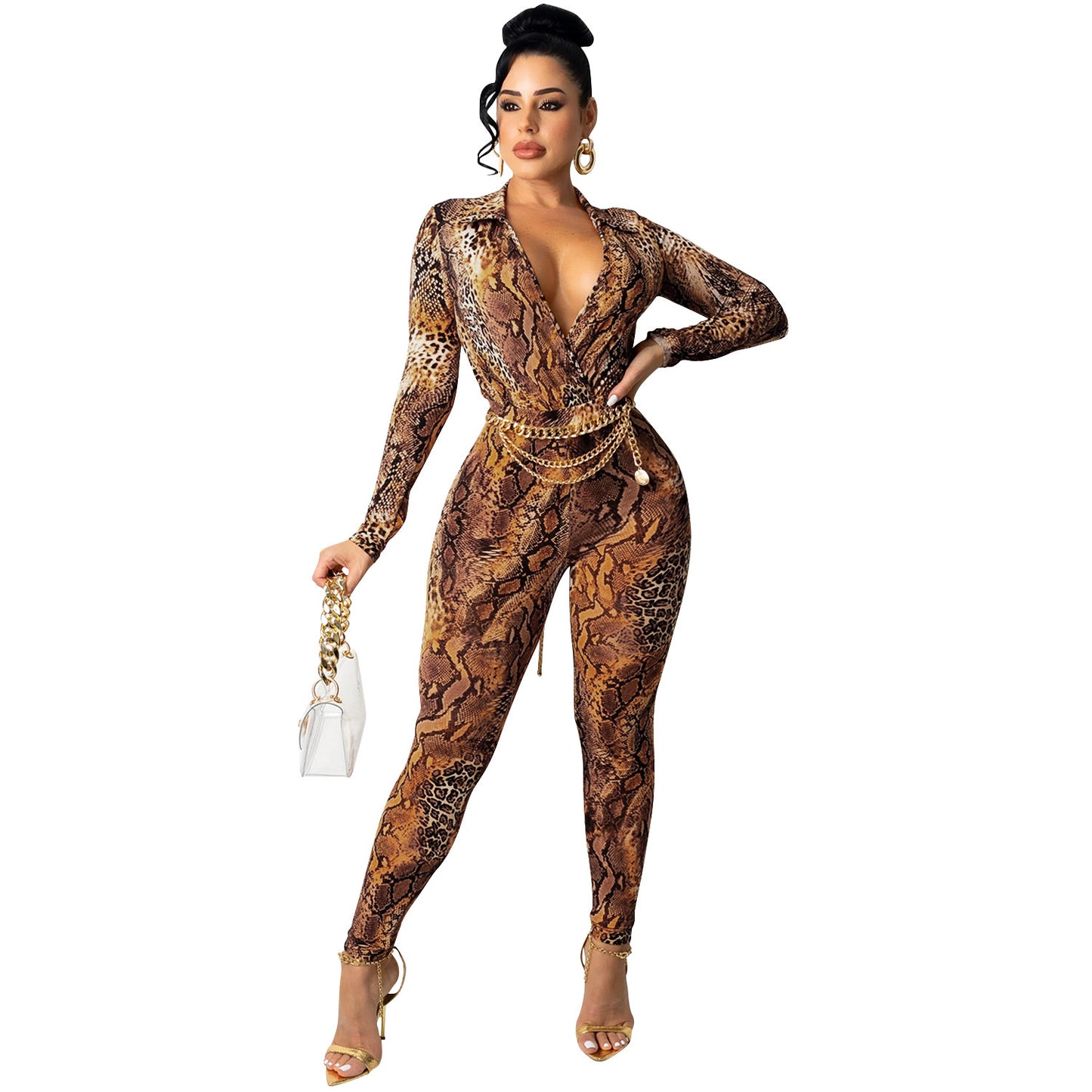 Dame elegant gulvlængde jumpsuit med slangetryk og dyb V-hals Stilla