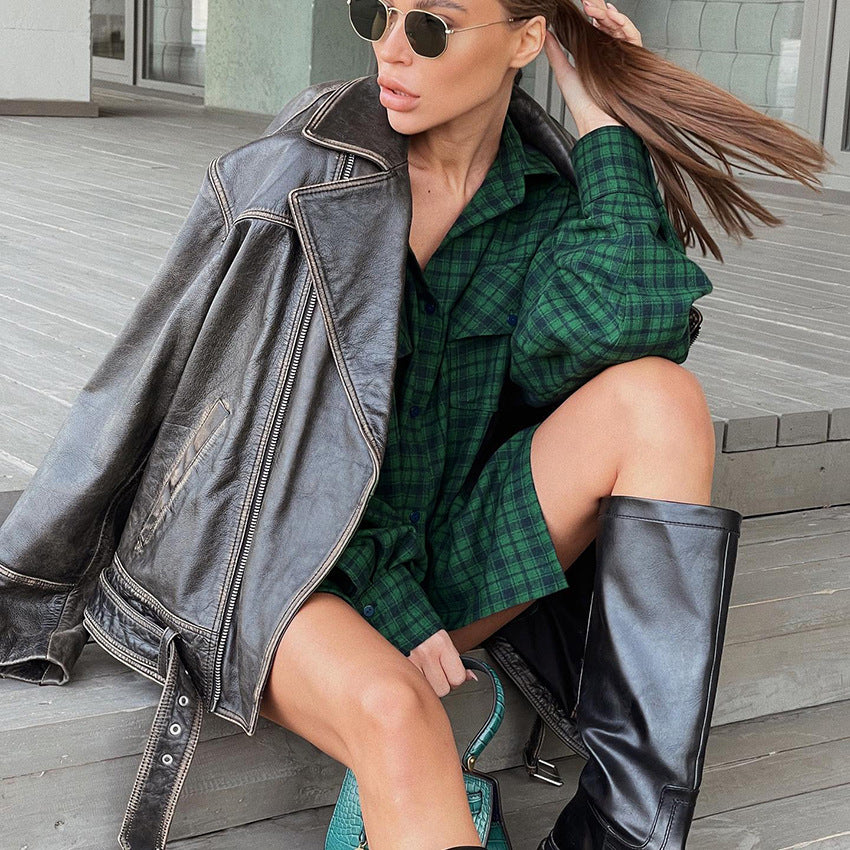 Dame Oversized Ternet Skjorte med to påsyede lommer og afslappet snit Stilla