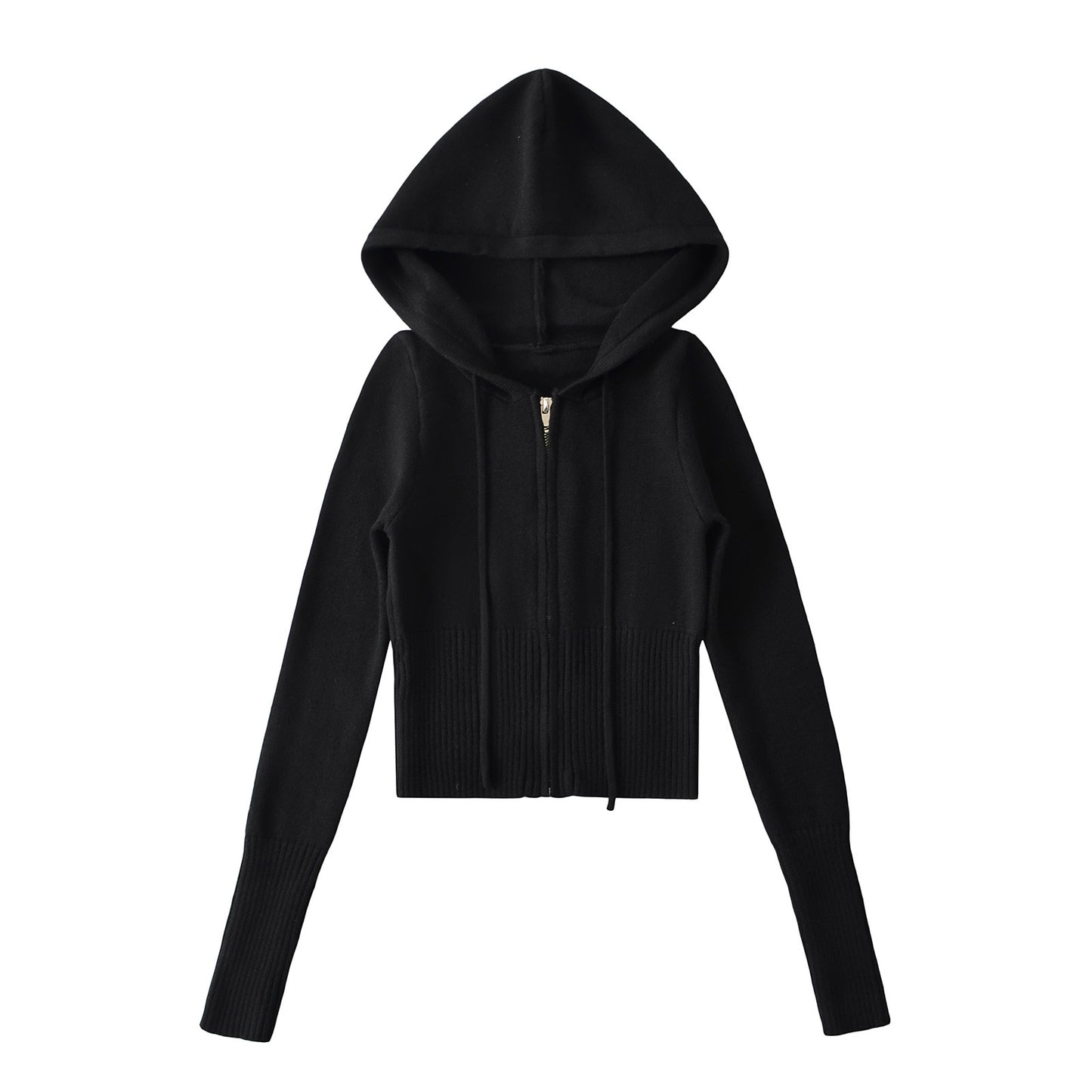 Dame Cropped Hoodie lavet af blødt strikmateriale med lynlås og hætte Stilla