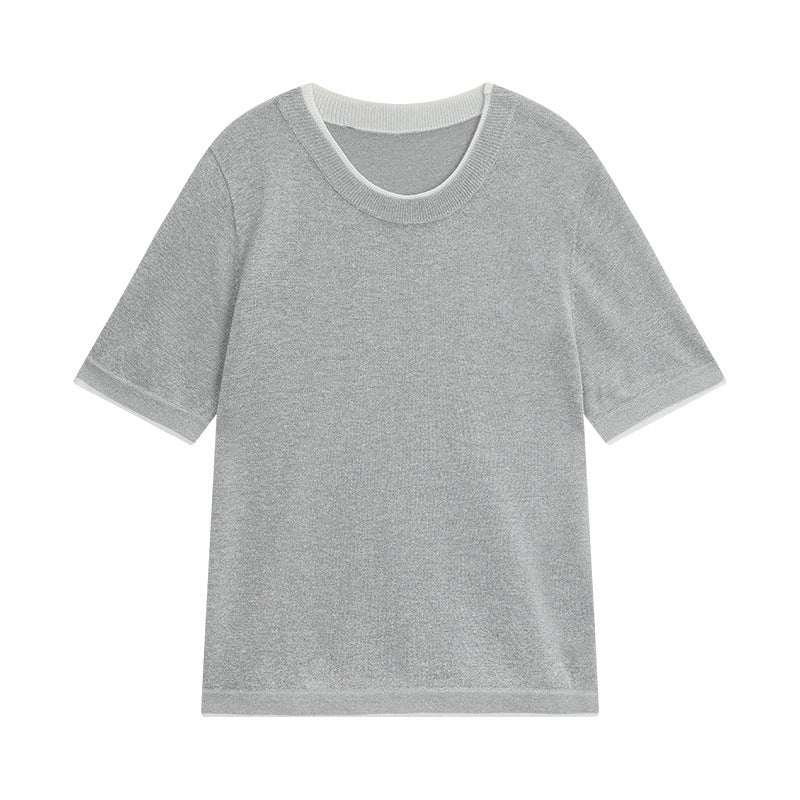 Dame afslappet netshirt med høj rund halsudskæring og korte ærmer Stilla