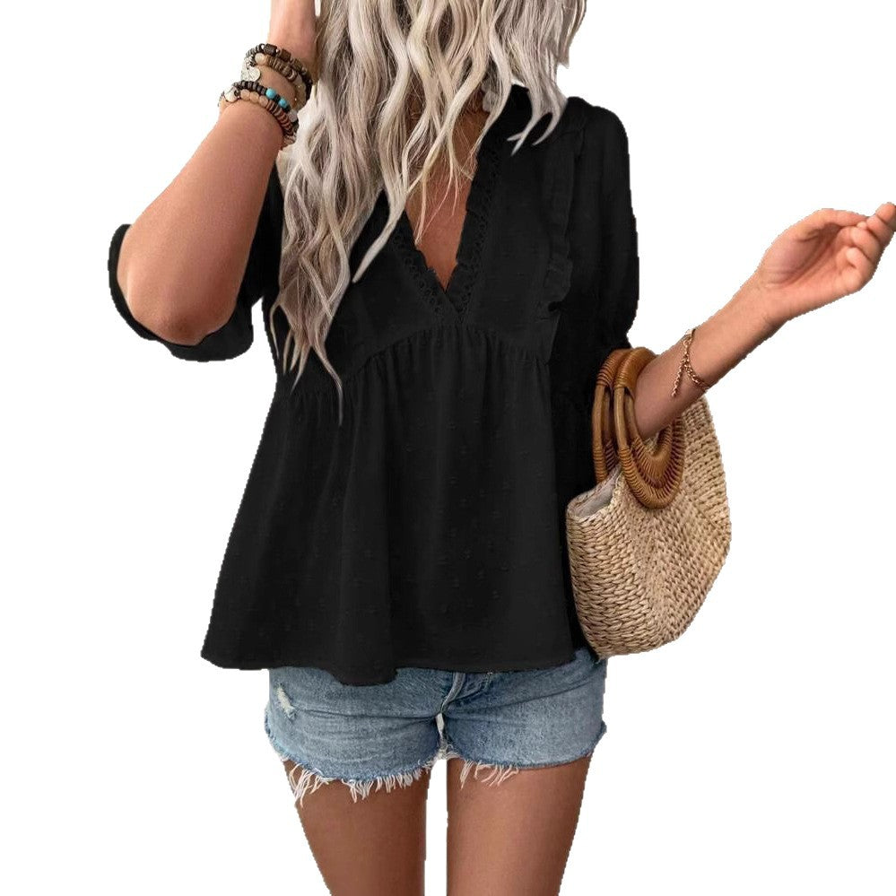 Dame elegant Blusenshirt med ruffle detaljer og V-udskæring Stilla