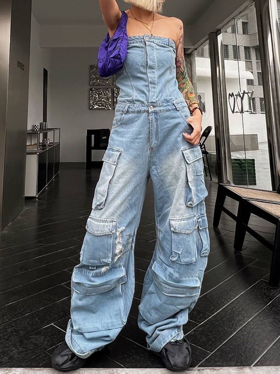 Dame afslappet denim jumpsuit med praktiske cargo-lommer og elegant snit Stilla