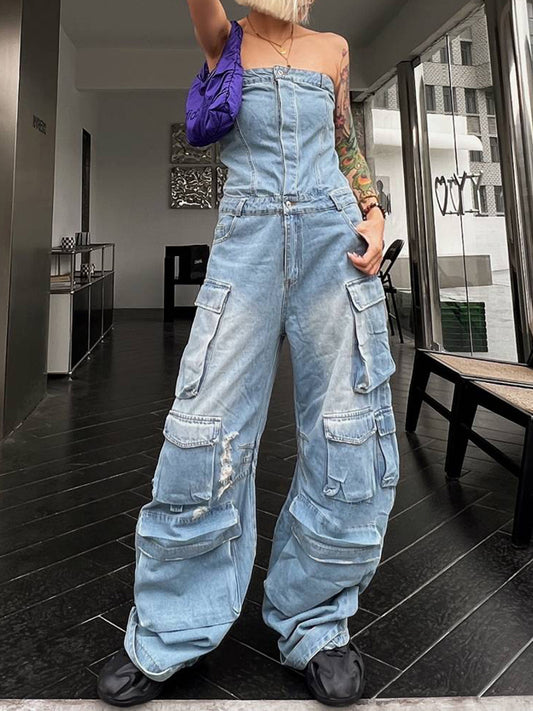 Dame afslappet denim jumpsuit med praktiske cargo-lommer og elegant snit Stilla