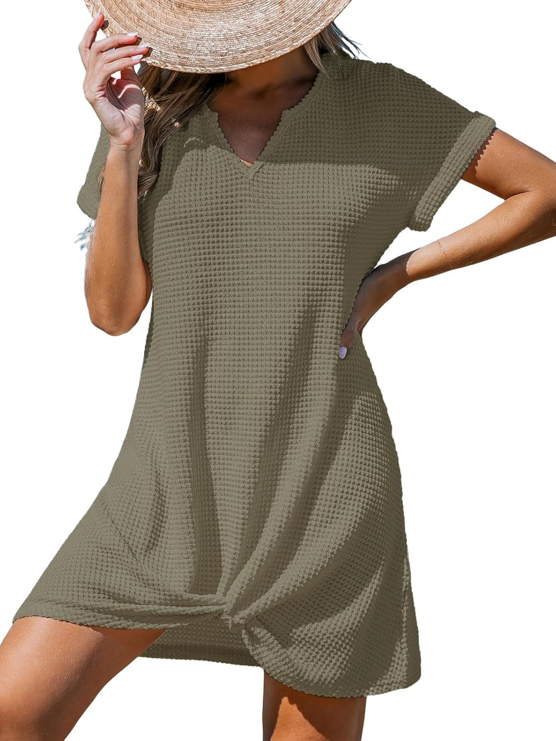 Dame afslappet kort skjortekjole med V-udskæring og ribstruktur Stiila