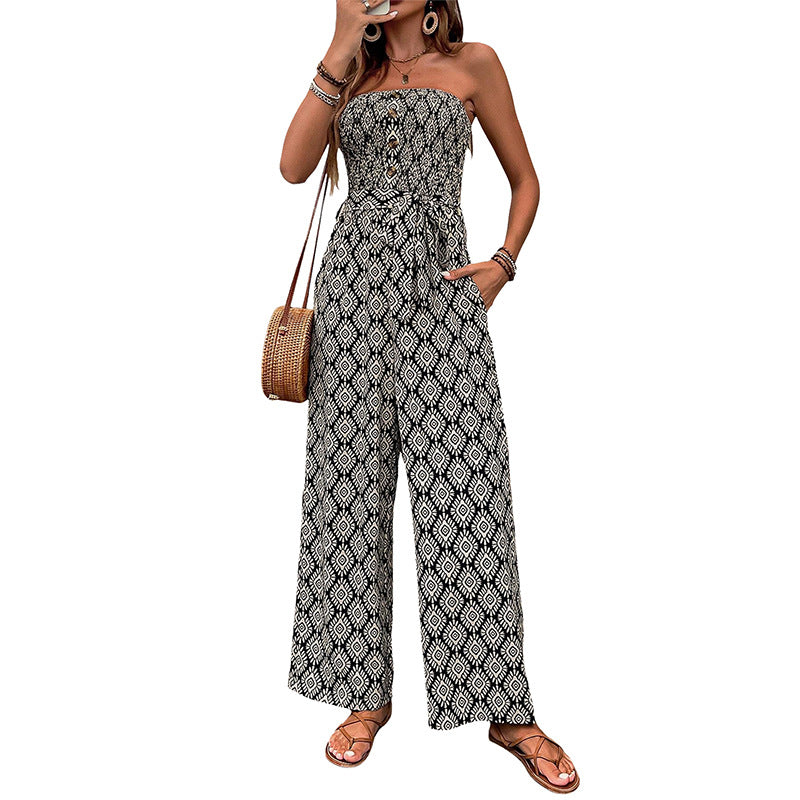 Dame hverdag jumpsuit med elastisk overdel og modigt mønster Stilla