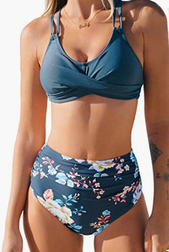 Dame Højtaljet Bikini-sæt med blomsterdesign og moderigtigt indviklet top Stilla