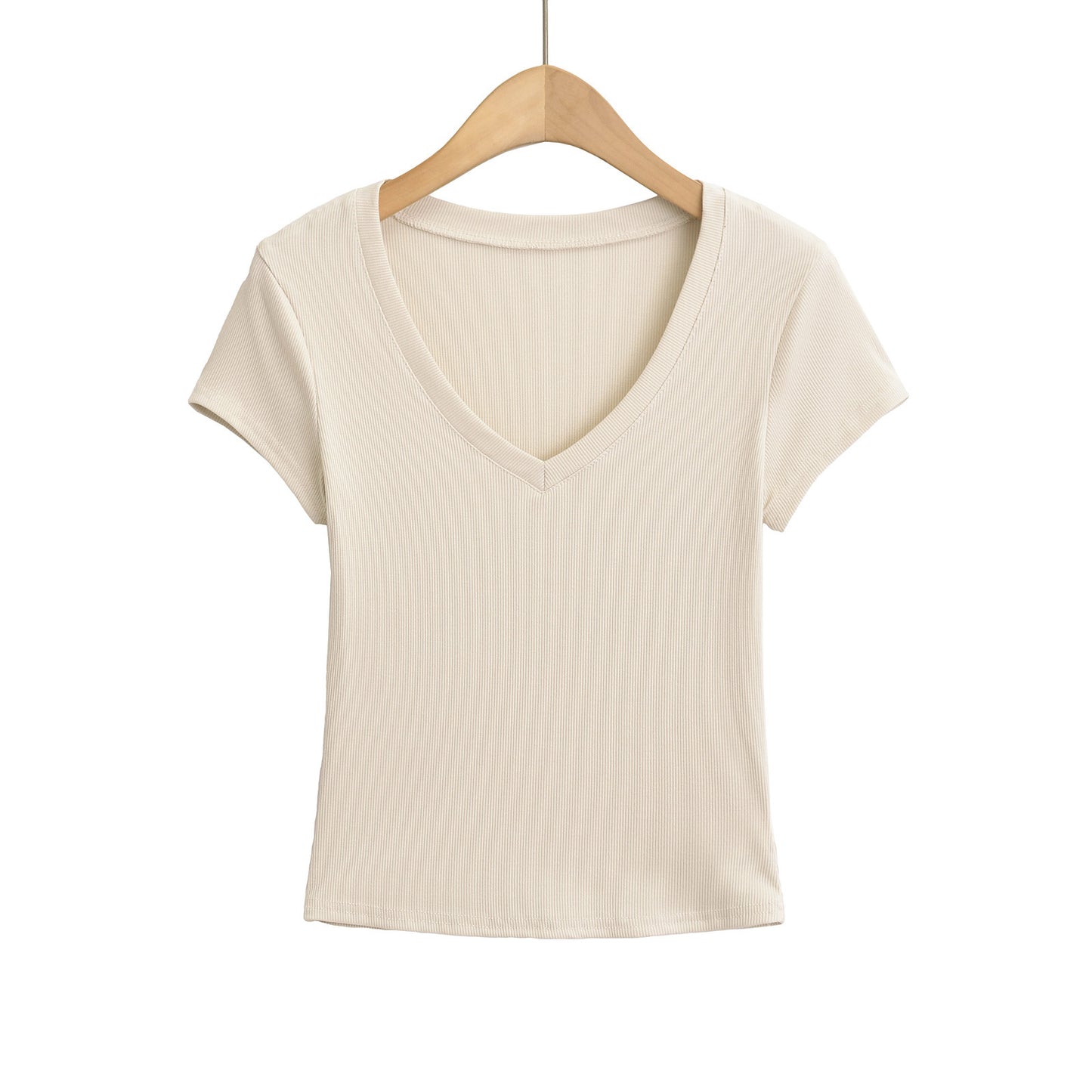 Dame cropped V-hals T-shirt i ribdesign med tætsiddende snit og korte ærmer Stilla