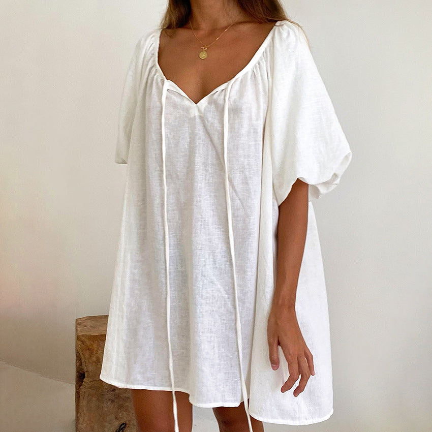 Dame afslappet sommernatkjole med komfortable puffærmer og justerbar snortræk Stilla