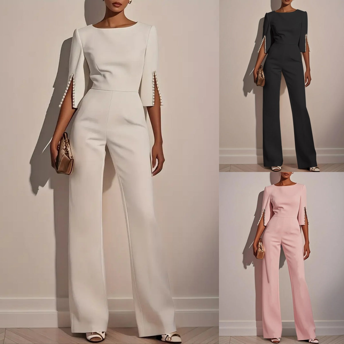 Damer Elegant Jumpsuit med dekorative perleærmer og bred bukse Stilla