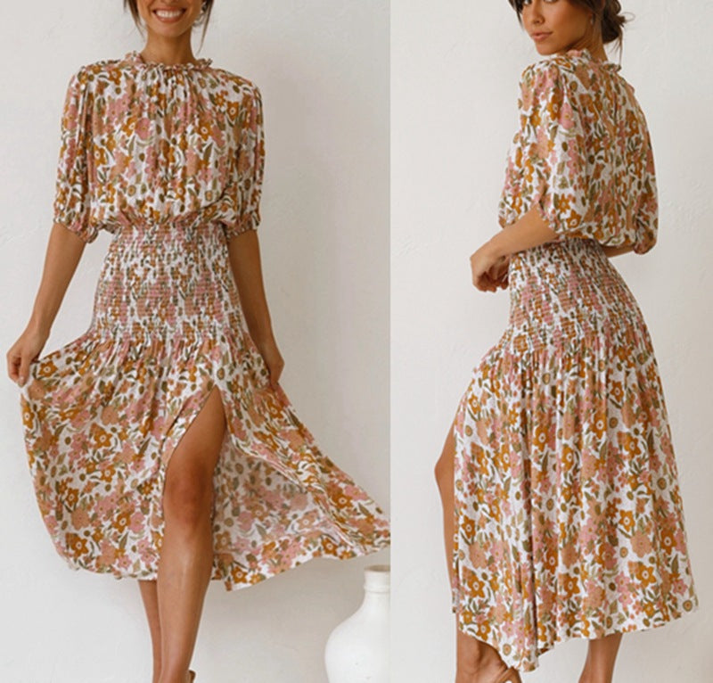 Dame Elegant Floral Rynkning Midi Kjole Stilla