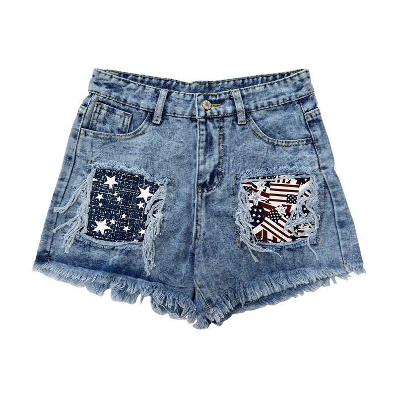 Dame Destroyed Denim-Shorts med modish lommer og frynset kant Stilla