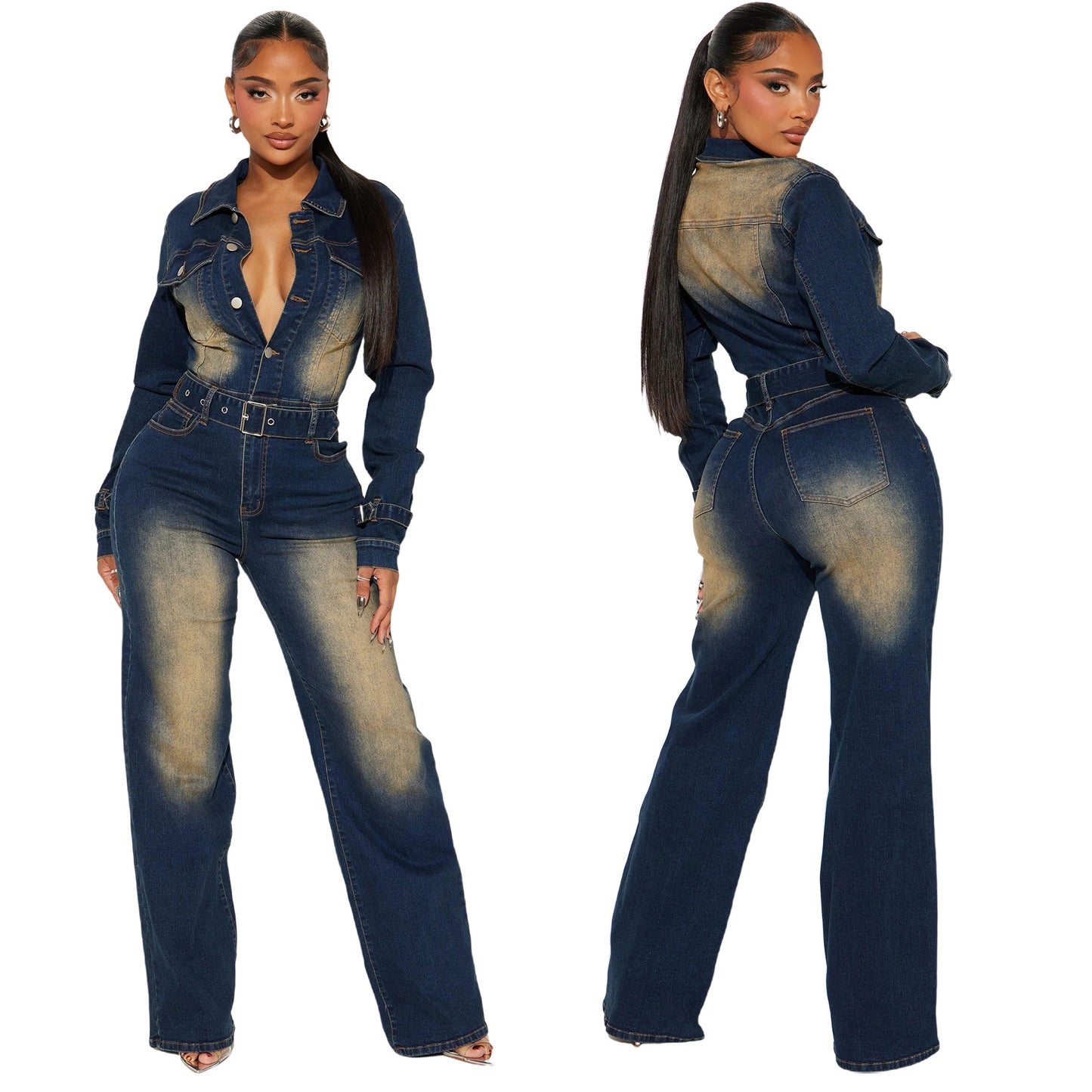 Dame Denim Jumpsuit med figursyet silhuet og særlige vaskeeffekter Stilla