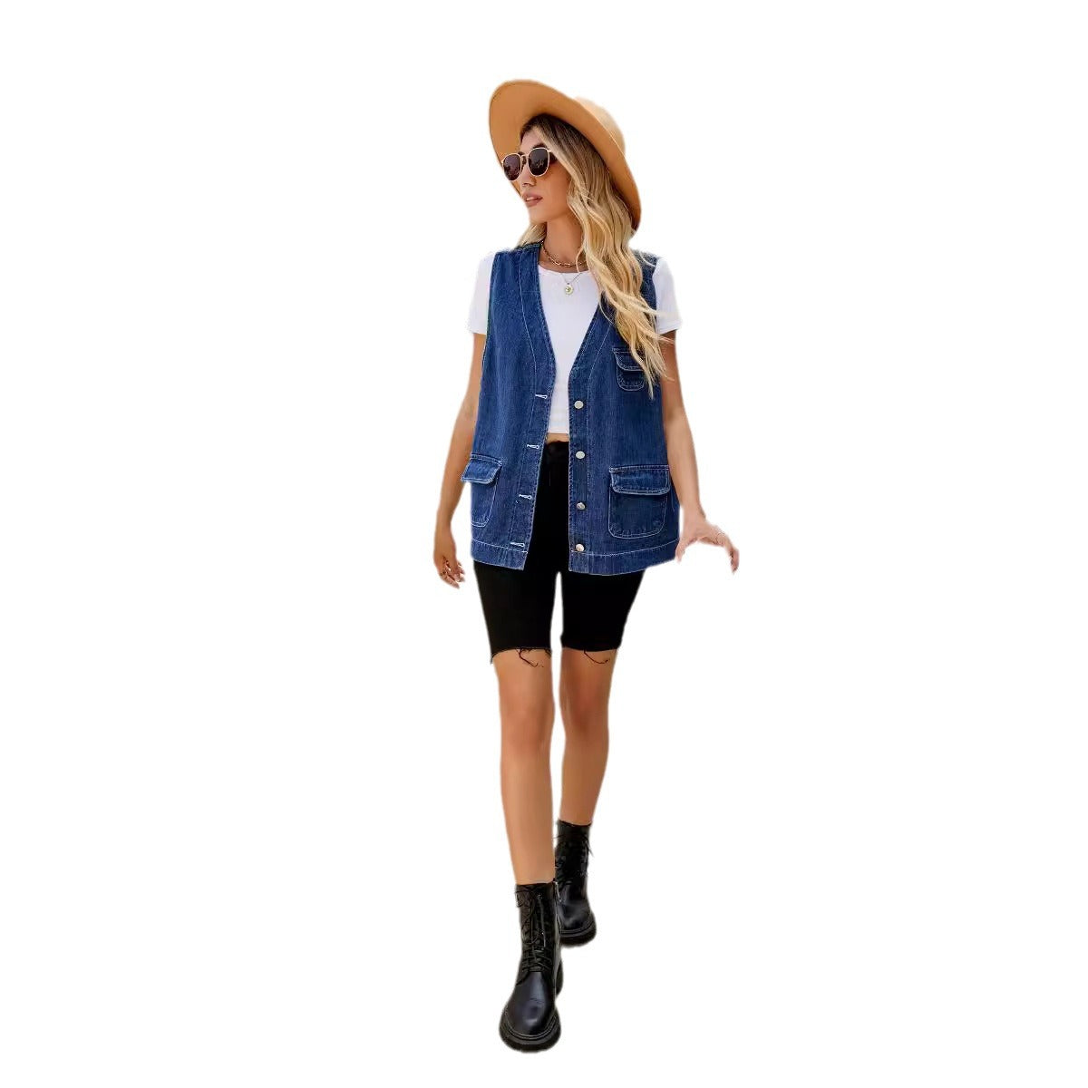 Dame Denim Vest i afslappet oversized design med praktiske lommer og knapdetaljer Stilla