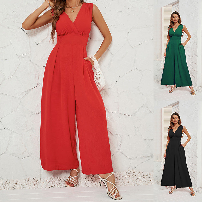 Dame elegant jumpsuit med V-udskæring og sidelommer Stilla