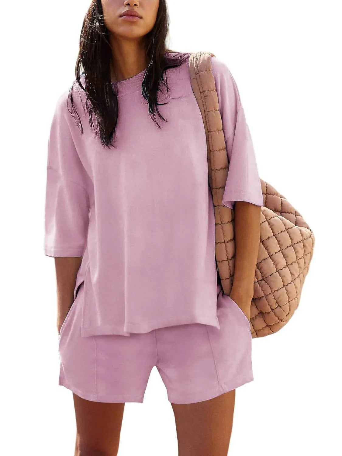 Dame afslappet kortærmet sæt med lommer og rund halsudskæring Stilla