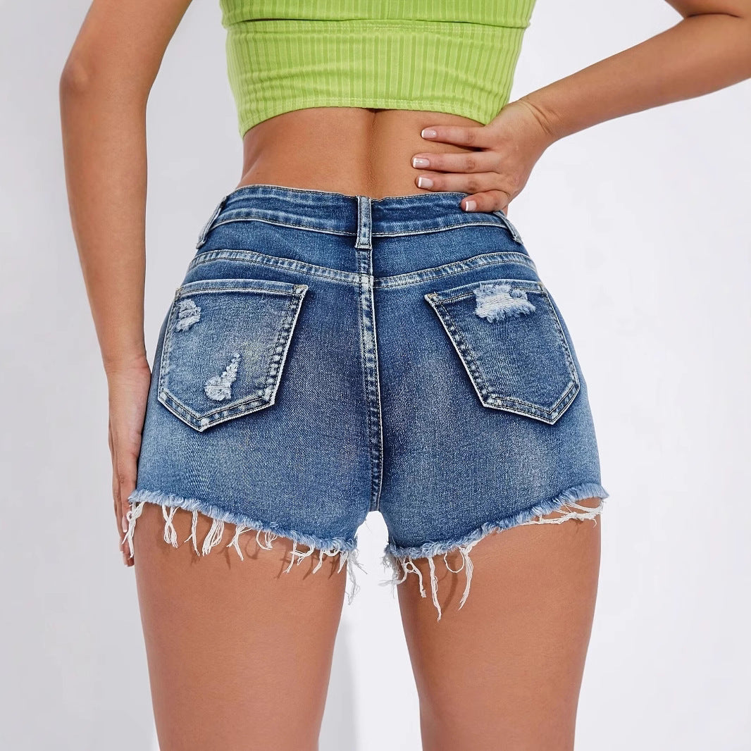 Dame afslappede ødelagte jeansshorts med høj talje og fringet kant Stilla