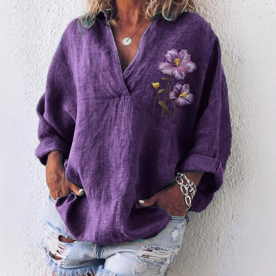 Dame afslappet og stilfuld bluse med blomsterapplikationer Stilla