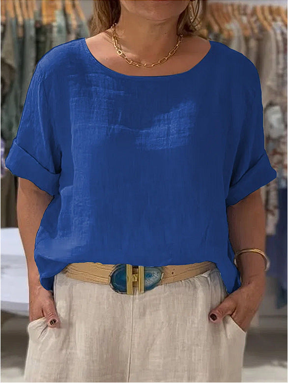 Dame afslappet linenbluse med omslagbare ærmer og elegant rundhalset udskæring Stilla