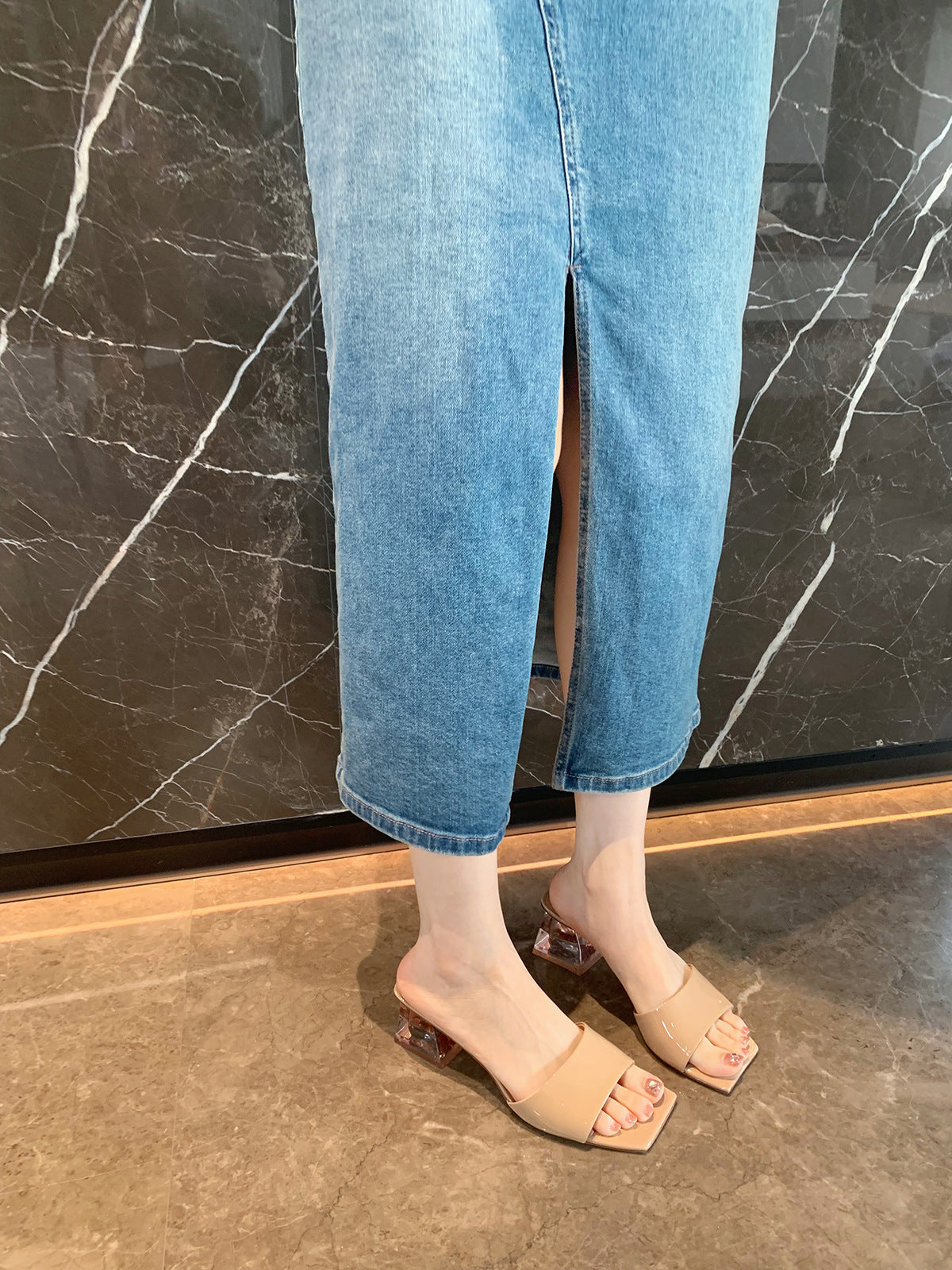 Dame Elegant Åben Tå Slide Mules med Blokhæl Stilla