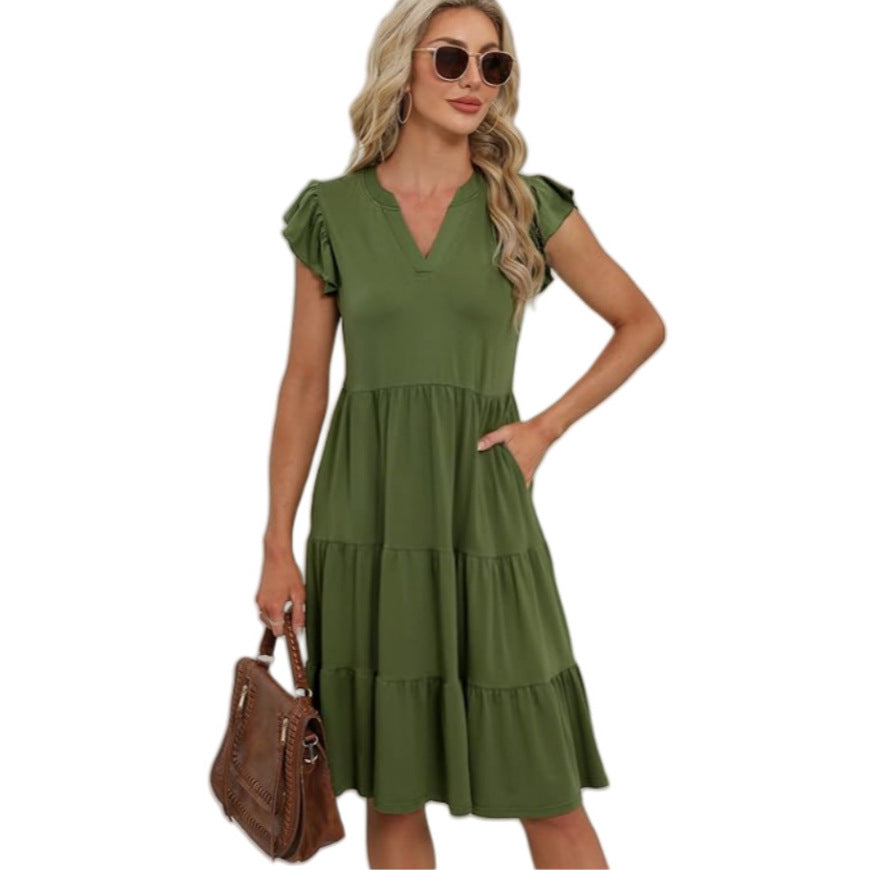 Dame afslappet sommerkjole med uldne ærmer og V-hals Stilla