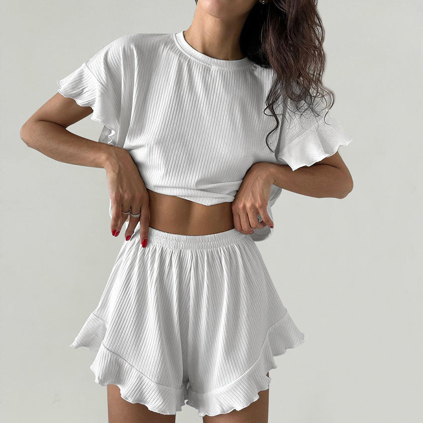 Dame afslappet rib sæt med voluminøse ærmer og frynset afslutninger Stilla