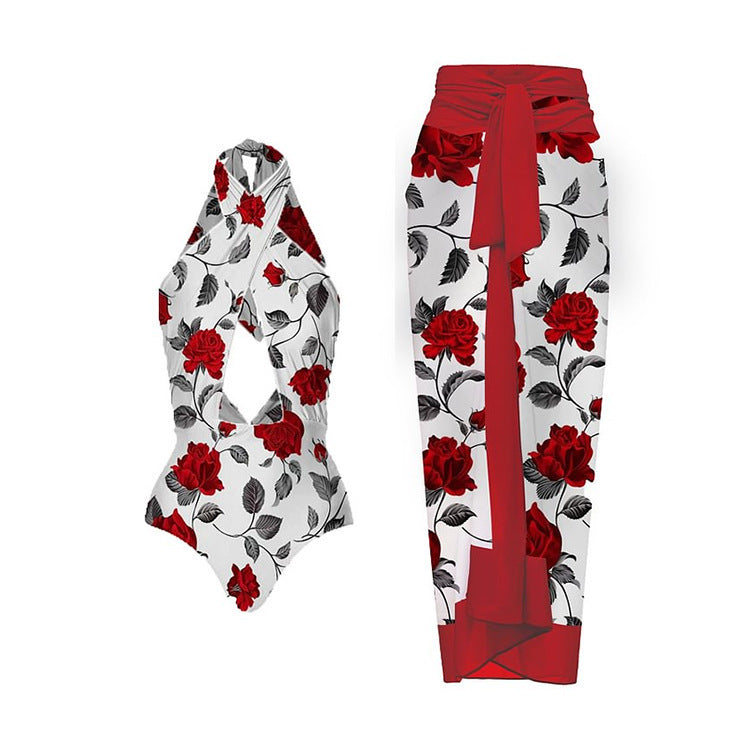 Dame Elegant Blomstret Print Én-delt Badedragt Sæt med Matchende Indpakning Skørt Stilla