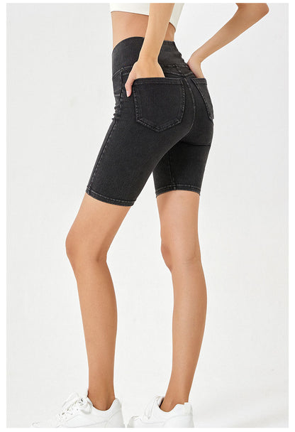 Stilla | High Waist Stretchy Denim Shorts Til Kvinder Slim Fit, Lommeret Sports Ydertøj
