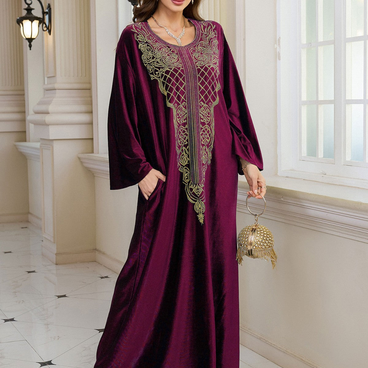 Dame elegant Kaftan med kunstnerisk broderi og bred pasform Stilla