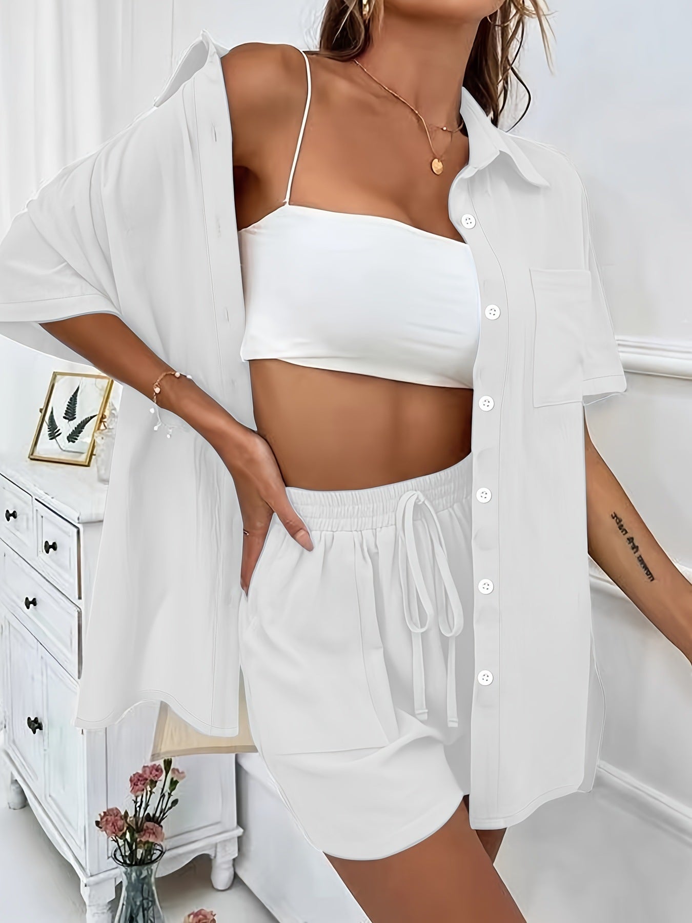 Dame afslappet kortærmet bluse- og shorts-sæt Stilla