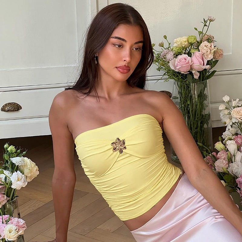 Dame Elegant bandeau top med flot blomsterapplikation Stilla