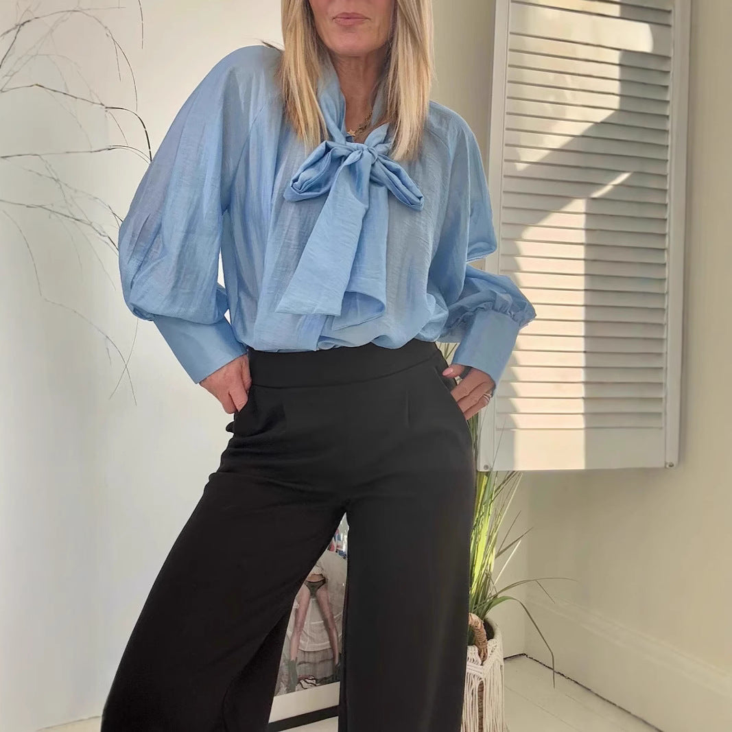 Dame elegant bluse med sløjfe-detalje Stilla