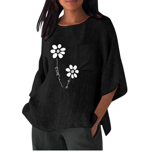 Dame afslappet bluse t-shirt med unik blomsterprint og praktisk brystlomme Stilla