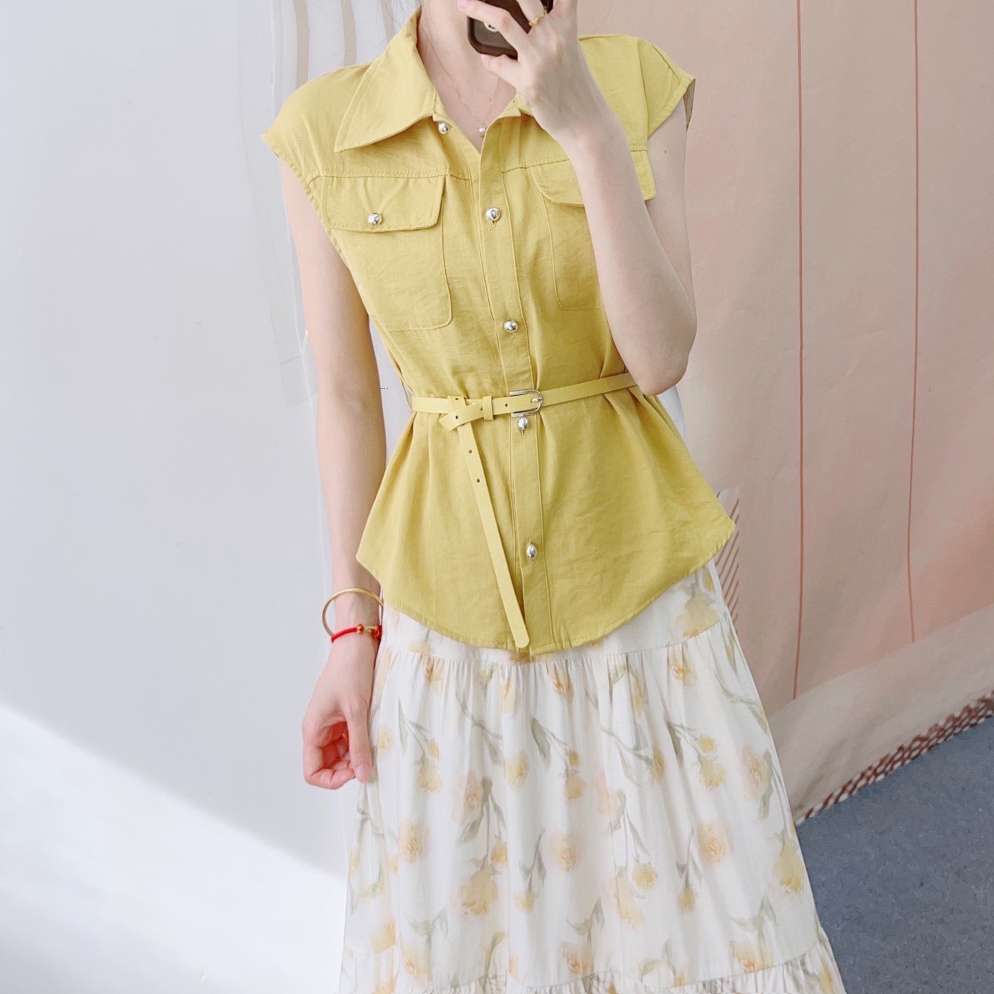 Dame Elegant Modekombination af chic bluse skjorte med bælte og blomster maxi nederdele Stilla