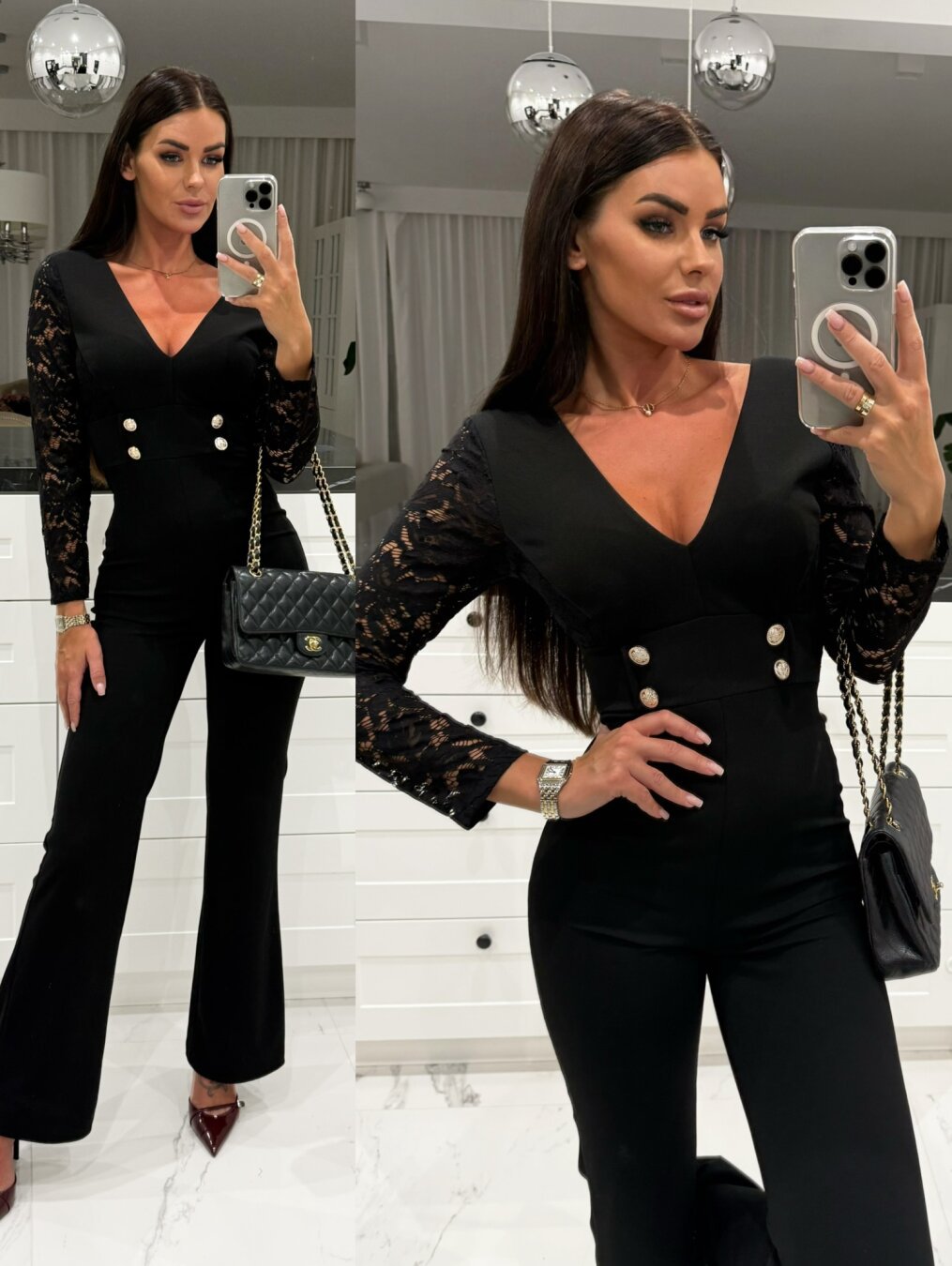 Dame Elegant Jumpsuit med Spidsermer og Taljebælte Stilla