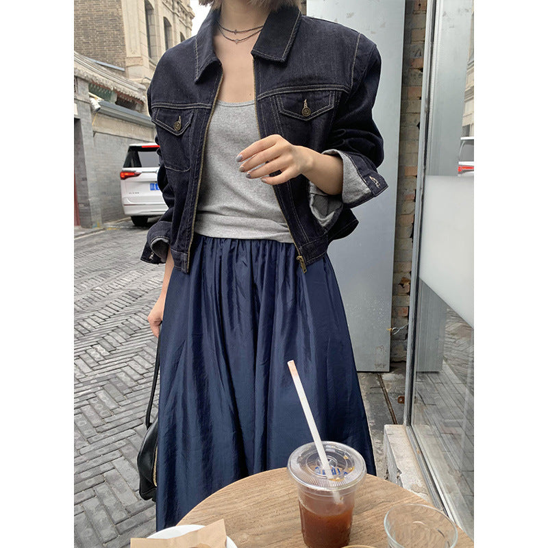 Dame cropped jeansjakke med klassisk krave og brystlommer Stilla