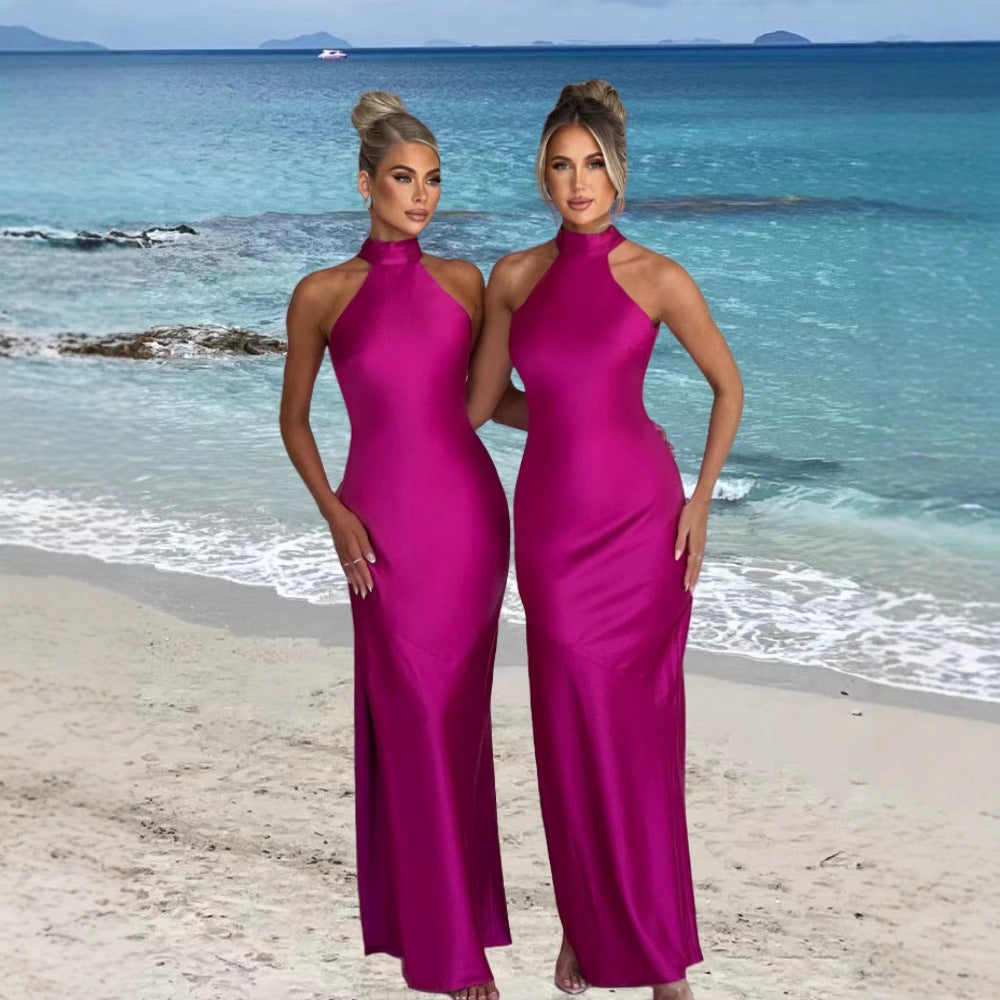 Dame Elegant Halterneck Maxikjole med slank pasform og sidelæg Stilla