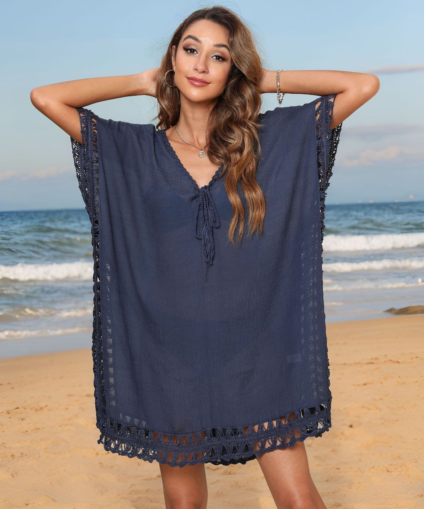 Dame elegant hæklede strandoverdækning med dyb V-udskæring og dekorative frynser Stilla
