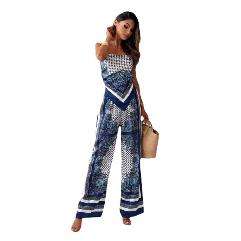 Dame jumpsuit med raffineret mønsterkombination og bredt ben Stilla
