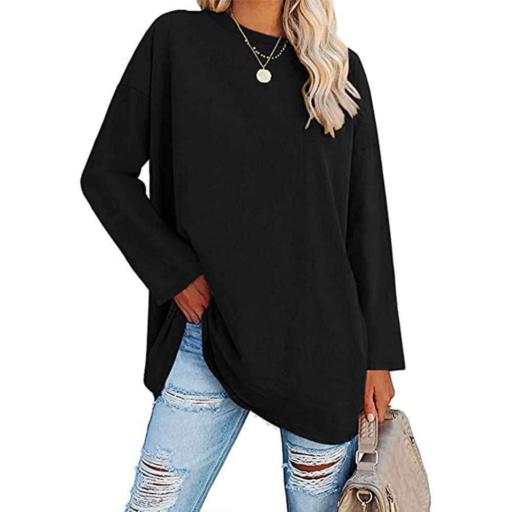 Dame afslappet oversized langærmet t-shirt med dyb rund halsudskæring og sidelange slidser Stilla