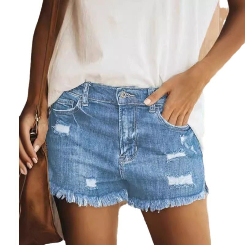 Dame Destroyed Denim-Shorts i afslappet stil med frynset kant Stilla