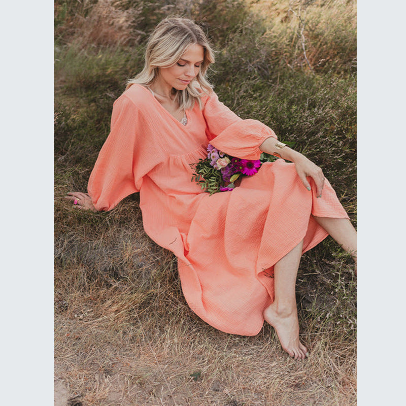 Dame afslappet Maxi-kjole med V-hals og voluminøse ærmer Stilla