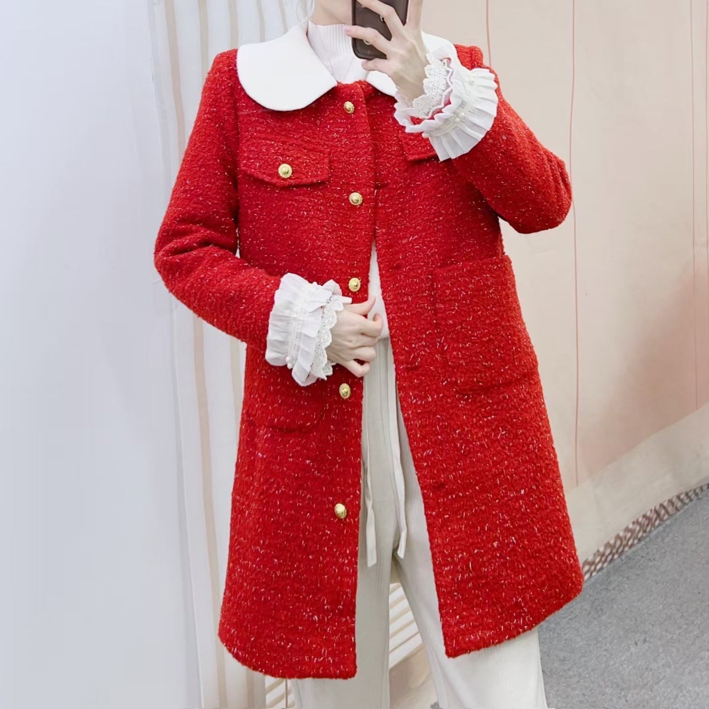 Dame elegant Boucle-jakke med smart krave og dekorative knapdetaljer Stilla