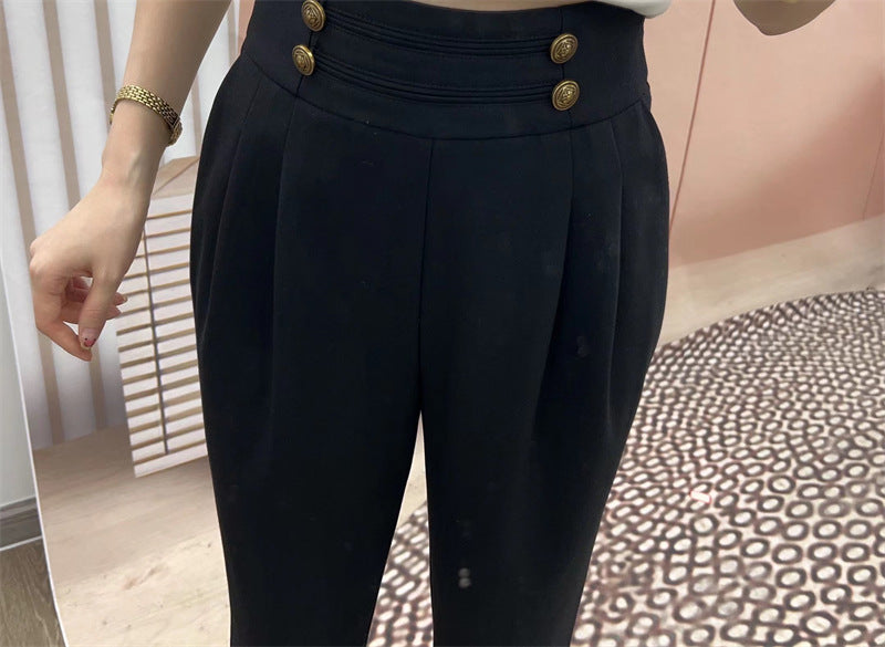 Dame elegant højtaljede bukser med dekorative knapdetaljer Stilla