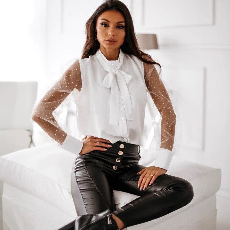 Dame Elegant Bluse med transparente ærmer og bue-detalje Stilla