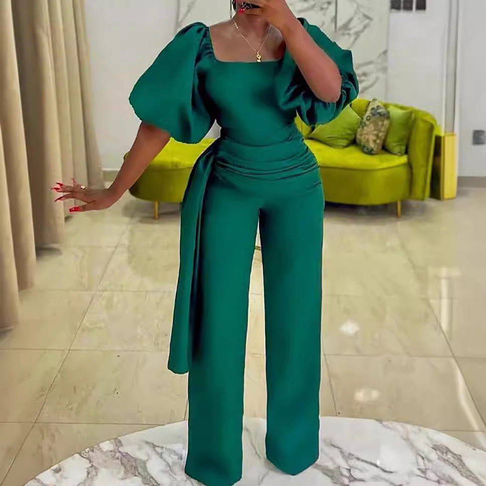 Dame Elegant Jumpsuit med voluminøse ærmer og flot taljebælte Stilla