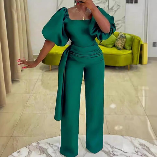Dame Elegant Jumpsuit med voluminøse ærmer og flot taljebælte Stilla