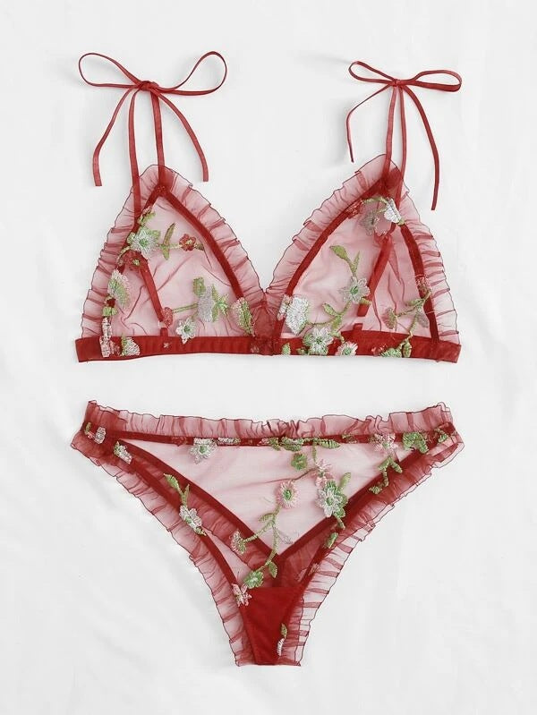 Dame broderet chiffon bralette og bikini sæt Stilla